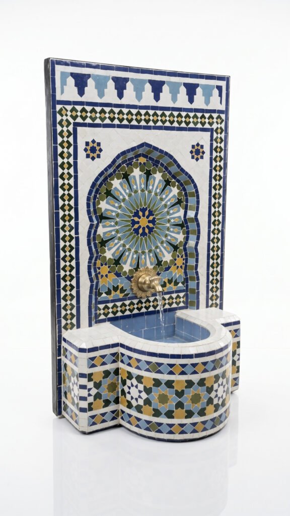 Moroccan Handcrafted Mosaic Zellige Fountain — Multicolor Navy, Blue, Green & Gold
