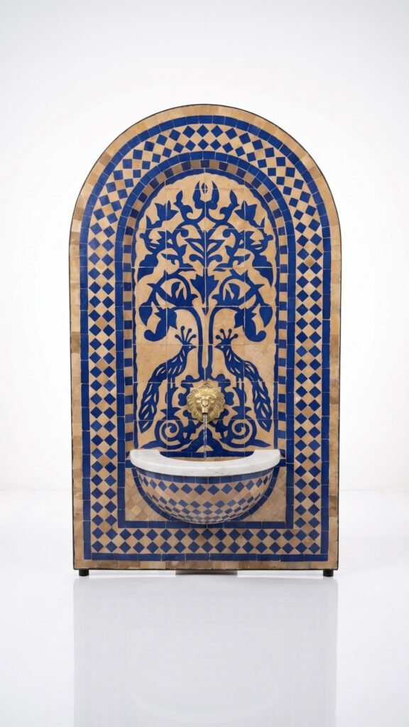 Moroccan Handcrafted Mosaic Wall Fountain — Tree of Life Blue & Beige Zellige with Brass Lion Head Spout